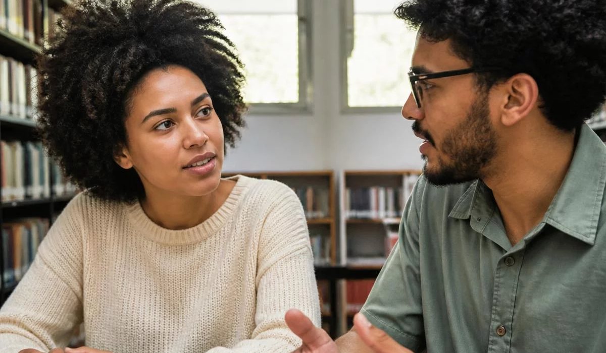 Pessoas conversando de pé junto às estantes antes de o encontro abrir