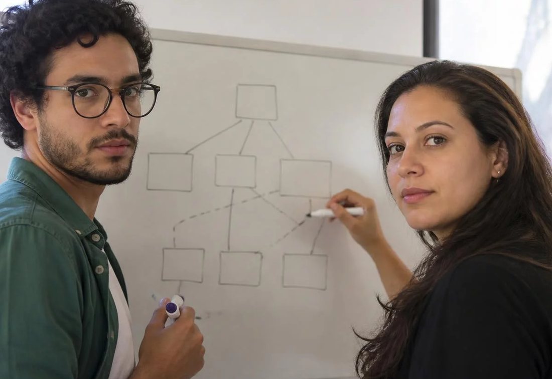 Dupla desenhando no quadro branco a estrutura de uma tese